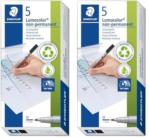 Staedtler Folienstift Lumocolor non-permanent, wasserlösliche Tinte, für fast alle Oberflächen geeignet, Linienbreite M 1 mm, nachfüllbar, lange Lebensdauer, 5 schwarze Stifte, 315-9X (Packung mit 2)