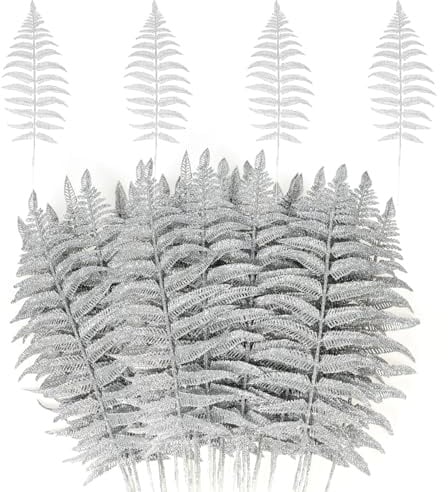 MWOOT 16 Pezzi Foglie di Natale Artificiale Glitterate, Finti Foglie Tropicali Natalizio, Rami di Piante Argento per Fai Da Te Ghirlanda Albero di Natale Bouquet di Nozze Casa Giardino Decorazione