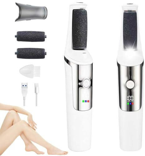 GlobalCrown Electric Foot File for Hard Skin Remover Foot exfoliator,Callus Remover for feet Dead Skin Pedicure Tools Set with 3 Replacement Rollers for Cracked Heels (White)