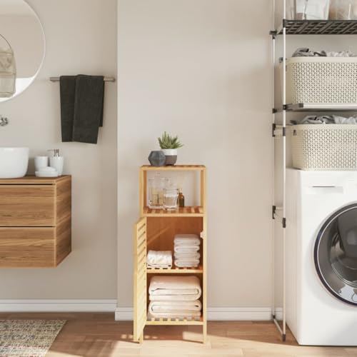 HETFTJN Armoire de salle de bain en bambou avec étagère, 36 x 33 x 87 cm, durable et élégante, avec porte à lamelles et pieds surélevés, pour salle de bain, WC, WC d'invités