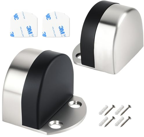 Door Stops, 2 Pack Floor Mounted Door Stoppers, Self Adhesive Door Stop with Rubber Buffer, Stainless Steel Solid Doorstop Bumpers for Indoors Outdoor, Silver