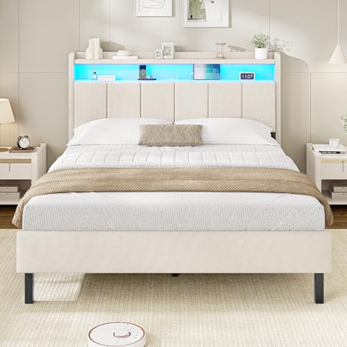 AOGLLATI Polsterbett 140x200 mit LED & Ladestation Bett 140×200 mit Stauraum unter dem Bett, Jugendbett Bettgestell mit Lattenrost aus Holz Doppelbett mit Weich Gepolstertem Kopfteil,Beige Leinen