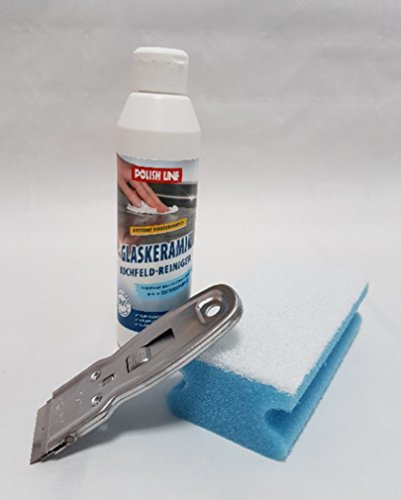 HCR Hygiene Pflegeset, Reinigungsset für Glaskeramik-Kochfelder, Kochfeldreiniger, Glasschaber und kratzfreier Schwamm