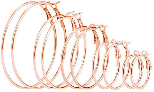 Mannli 5 Pairs Stainless Steel Hypoallergenic Shiny Large Hoop Earring Sets for Women Girl Rose Gold