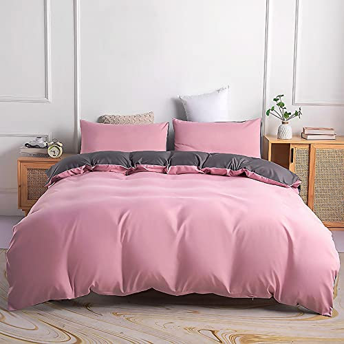Parure de Lit Réversible 100% Microfibre Couleur Unie, Linge de Lit avec Fermeture Eclaire, 1 x Housse de Couette 220x240 cm 2 Personnes et 2 x Taies d'oreiller 50x70 cm, Rose Clair/Gris Foncé