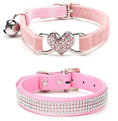 MiaLover 2 Collari Regolabili in Pelle Glitterata per Cani di Piccola Taglia e Gatti, Decorazione, Due Stili (Rosa)
