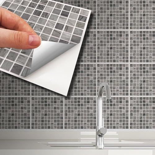 WALPLUS 15cm(6) 96 Pieces Picasso Grey Marble Mosaic Wall Tile Sticker Set Peel and Stick Backsplash Decals Vinyl Home Decors Splashback for Kitchen Bathroom Tile Paint Stick on Wall