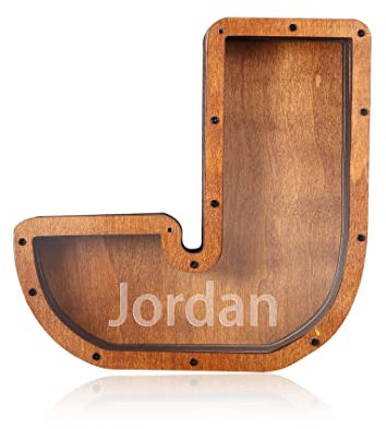 Albertband Personalisierte Sparschwein für Kinder Erwachsene Holz A-Z Buchstaben Münze Sparschwein Gravierter Name Spardose für Jungen Mädchen Finanzmanagement Training (J)