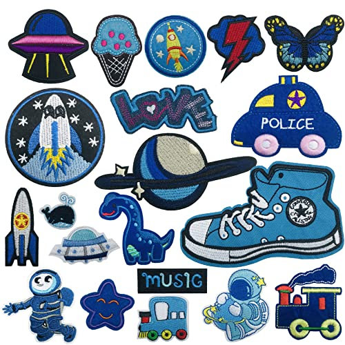 Woohome 20 PCS Blue Iron on Patches, Mixed Sew On Patches Embroidered Appliques Sticker Patches for Clothes Dress Hat Jeans