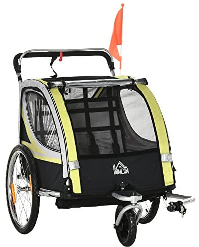 HOMCOM Rimorchio Bici per Bambini e Passeggino, Design 2 in 1 con Freno, Cintura a 5 Punti, Carrello Rimorchio per Bicicletta con Tasche Laterali, Catarifrangenti e Bandierina, Giallo