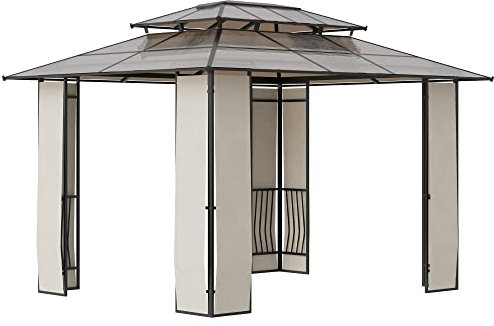 Outsunny Gazebo da Giardino 3.7x3m con Tetto in Policarbonato a 2 Livelli, Struttura Acciaio e Alluminio, Marrone