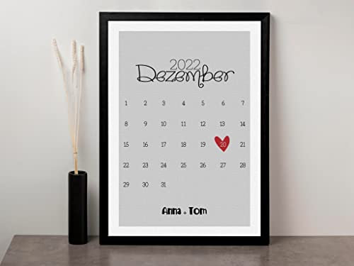 Kalender Bild personalisierbar mit Datum | Besonderer Anlass | optional mit Rahmen | Geschenk für Partner oder Eltern zum Jahrestag Hochzeitstag (Grau-Rot)