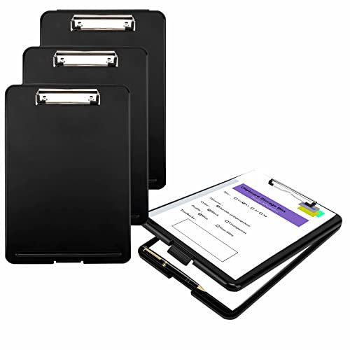 4er A4 Klemmbrett mit Aufbewahrungsfach, Portable Formularhalter mit Aufbewahrungsbox, Portable Schreibplatte Aufbewahrungskoffer für Schul Heim Büro Bausteller Fabrik, Schwarz TKD8052-Black-4X