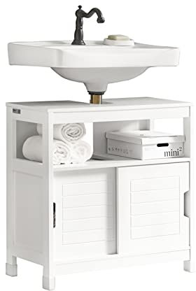 SoBuy Mueble Bajo Lavabo con Puertas Correderas - Armario de Baño con Estante Ajustable, Ahorro de Espacio y Diseño Moderno - Ideal para Baños Pequeños - Blanco, 60x30x60cm, FRG128-W