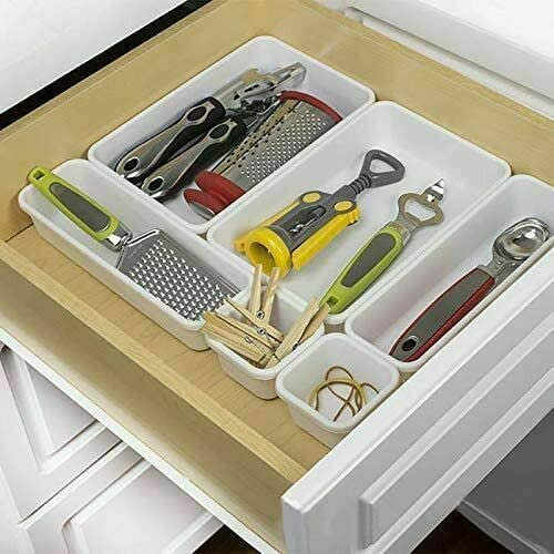 Garden Mile 8pc White Plastic Drawer Divider Bathroom Tray Desk Storage Cutlery Trays for Kitchen Office Desk Organiser Drawer Separators for Make up, Jewellery, Stationary Bathroom Organiser