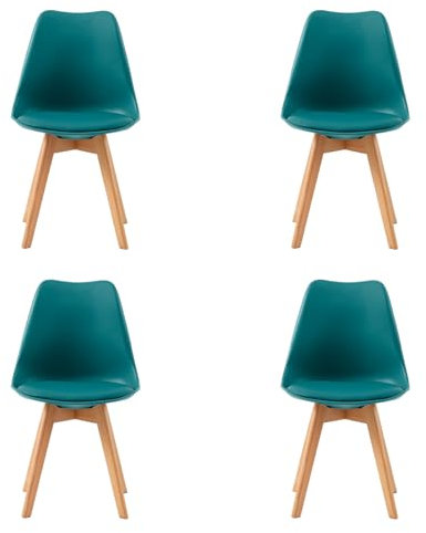H.J WeDoo 4er Set Küchenstühle Esszimmerstühle Modern Esszimmermöbel, mit Massivholz Buchenholz Bein und Kissen aus PU-Leder, Türkis