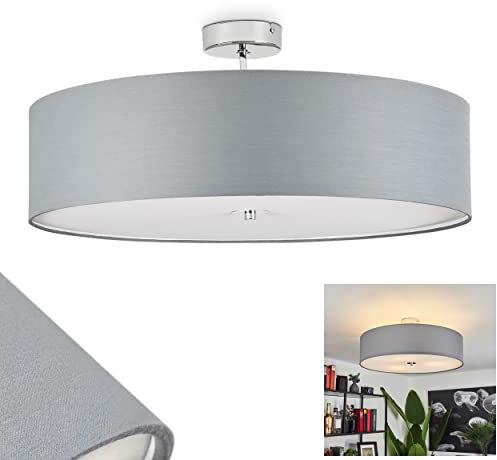 Deckenleuchte Foggia, moderne Deckenlampe aus Metall/Stoff in Chrofmarben/Grau/Weiß, Leuchte im skandinavischen Design mit rundem Schirm aus Stoff (Ø 60 cm), 3-flammig, 3 x E27, ohne Leuchtmittel