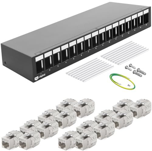 HB-DIGITAL 16-Port Patchpanel Patchfeld Verteilerfeld 1 HE 16x CAT 7 RJ45 Keystone Jack Modul vollgeschirmt STP 10 Gbps Kompatibel mit Verlegekabel Netzwerkkabel Ethernet LAN - Schwarz