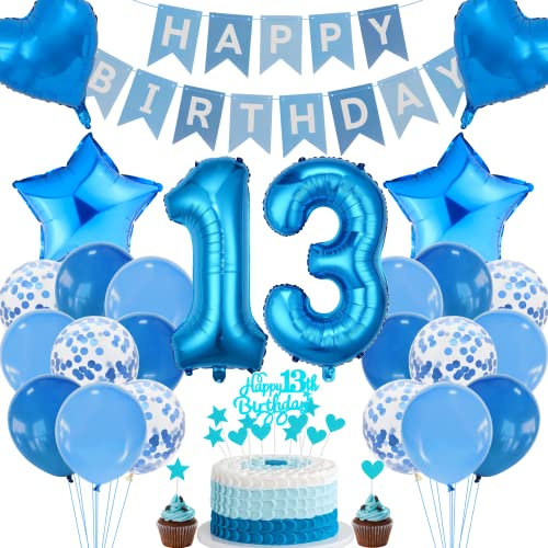Cnrose 13. Geburtstag Dekoration - Blau Tortendeko für Junge und Mädchen, Party Deko Set mit Geburtstagsdeko