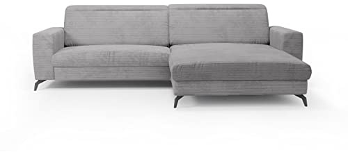 CAVADORE Ecksofa Bounce mit Cord-Bezug / L-Form-Sofa mit Longchair, Metallfüßen + Kopfteilverstellung / 290 x 88-108 x 178 / Breitcord, Hellgrau
