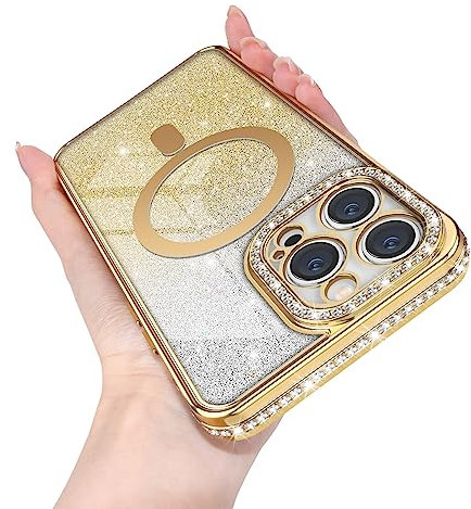 Newseego Magnetic iPhone 14 Pro Max Case Compatible for Magsafe, Glitter Sparkly Phone Case with Diamond Flexible Soft TPU Shockproof Camera Protection Bumper Cover for iPhone 14 Pro Max -Gold
