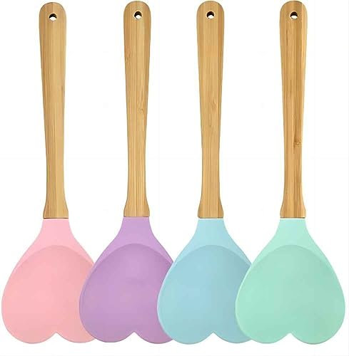 MASINIES 4pcs Heart Shape Silicon Wooden Spoon Cooking Serving Mixing Spoon Spatula Salad Spoons Kitchen Utensil