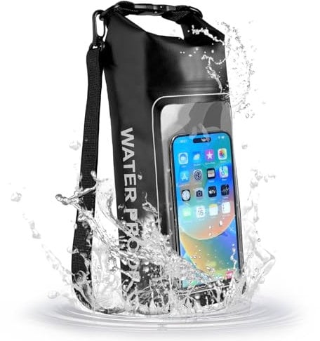 HUGSEE Sac à dos étanche 2L avec pochette transparente intégrée pour téléphone pour activités de plein air, noir