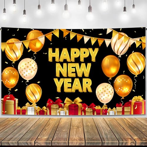 VIKY® Silvester Deko 2024 Banner, 180 x 90cm Happy New Year Banner Deko, 2024 Neujahrs Banner Foto Hintergrund, Schwarz Gold Hintergrund Banner für 2024 Silvester Weihnachten Neujahr Party Dekoration
