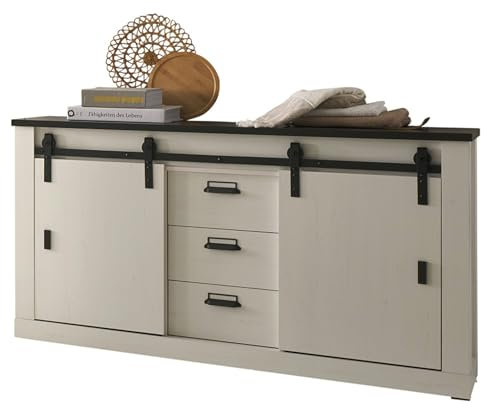 Sideboard in weiß Pinie und schwarz/anthrazit Kommode Schlafzimmer Wohnzimmer Schrank Schubkastenkommode im Industrial Design 162 x 91 cm Stove (Sideboard)