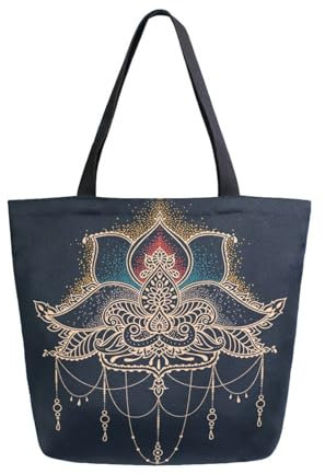 Lotus Flower Indian Mandala Canvas Tote Bag Women Large Shoulder Bag Reusable Grocery Shopping Bag Handbag Girls Purse Gift, A1754, 34.5x13x40cm