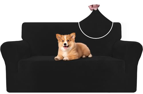 CYCMACO Samt Sofa Überzug 2 Sitzer, Sofabezug Elastische, Couch Überzug Haustier Katze Hunde, Universal Sofa Cover Moderne, Sofahusse Mit Armlehnen, Sofaschoner Rutschfest, Schwarz
