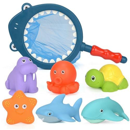 7 Stück Badewannenspielzeug ab 2 3 4 Jahre, Badespielzeug Baby Wasserspielzeug Kinder mit Kescher Spielzeug, Niedliche Badetiere Badewanne Spielzeug Baby Kinder, Spray Bath Toys für Mädchen und Jungen