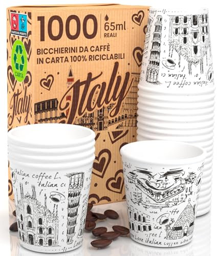 1000 Kaffeebecher aus Papier, 65 ml, Italien, Weiß, umweltfreundlich, biologisch abbaubar, kleine Einwegbecher für heiße und kalte Getränke