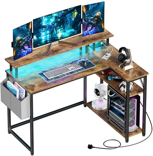 Yornoli L Shaped Desk with Led Lights&Power Outlet 118CM Corner Office Gaming Desk for Small Spaces with Storage Shelves for Home Office Bedroom (Rustic Brown)