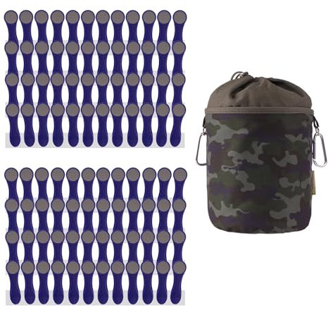 96 Wäscheklammern Wäscheclips mit Spiralfedern aus Edelstahl und Softgrip Indigo Grau, 1 bellaCott Wäscheklammerbeutel Camouflage