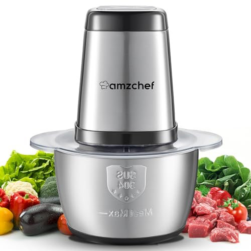 Hachoir électrique AMZCHEF,hachoir a viande avec bol en acier inoxydable de 1.5L, 500W mini hachoir avec 2 vitesses, Hachoir à 4 lames pour hacher la viande, les oignons, les fruits et les légumesm.