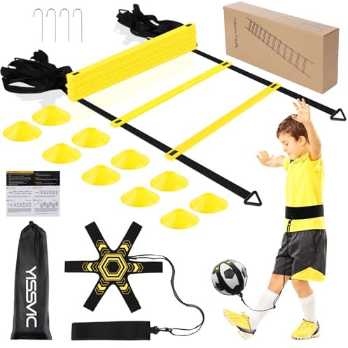 YISSVIC Set di attrezzi da allenamento per calcio, scaletta per allenamento di velocità, 6 m, 12 pioli, con 10 coni e 4 paletti, per bambini e bambini