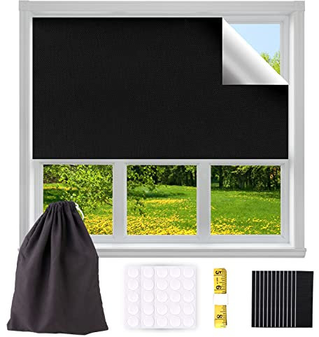 Portable Blackout Blind, Temporary 100% Blackout Shades, Easy to Stick on No Drill Blinds Blackout Curtain for Window, with Self Adhesive Tapes for Bedroom, Nursery,Travel,Car, Cut to Size, 300x145cm