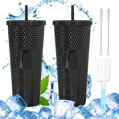 BORDEAG Vaso con tapa y pajita de 750 ml, 2 vasos térmicos con pajita, tazón con tapa y pajita, taza de agua de gran capacidad con cepillo de olla, color negro