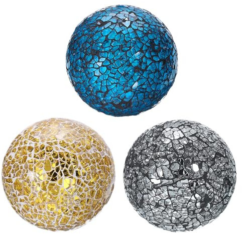 QUARKZMAN 3Pcs Boules Décoratives en Verre de 8 cm, Sphères de Mosaïque pour Bols Décoratifs, Vases, Tables à Manger, Fête, Couleur Or, Argent, Noir, Bleu