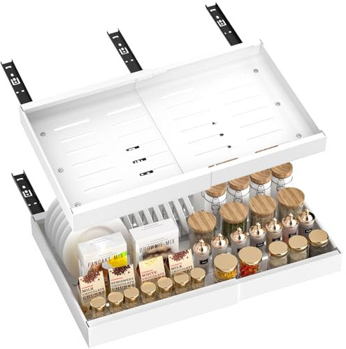 BLYLUND Pull Out Cabinet Organiser Kitchen Storage Extendable Slide Out Pantry Drawer Shelves Adjustable Width with Adhesive Film for Cupboard Bathroom No Need Drill Sliding Organizer White 1 Pack