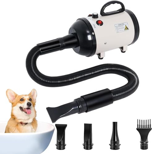 Dog Hair Dryer for Dogs and Cats, 4.5HP/3200W Adjustable Heat and Speed Professional Grooming Blower, with Heater + 4 Nozzles & Head Cover, Low Noise Motor (White)