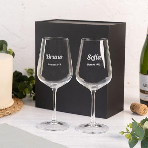 Wanapix | Pack 2 Copas de Vino Personalizadas | Estuche de Regalo Incluido | Copa de Cristal Grabada para Vino | Con Nombre o Texto | Pack de Copas de Cristal | Solo Texo