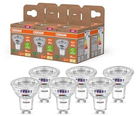 OSRAM Energy Class LED-Reflektor-Lampe PAR16 mit 4.7 W, 850 lm, warmweiß (2700 K) aus klarem bleifreiem Glas mit GU10 Sockel in der Energieeffizienzklasse A, 50 mm Durchmesser, IP20,6-Pack
