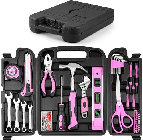 URASISTO 125 PCS Pink Household Tool Set, Pink Ladies Basic House DIY Toolkit Set for Home Garage Office College Dormitory Use, Hand Tool Kits for Women