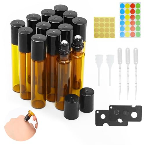 JJZGPP Flacon Roll On Vide 10ml 14pcs Roll On Huile Essentielle Vide Bouteil Brun Verre Flacon Roller Rechargeable, Avec Bille en Acier Inoxydable pour Parfums, Aromathérapie, Massage, Voyage
