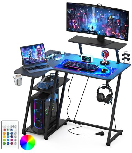 HaodaCulture Bureau Gaming LED 100x80 cm, Bureau Gaming avec Rangement, Table Gaming avec 2 Prises Electriques et 2 Ports USB, Support de Moniteur, pour Etudier, Jouer et Travailler, Noir