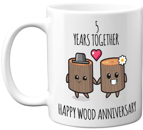 5th Anniversary Mug Gift for Men Women - 5 Years Together - Happy Wooden Anniversary Wedding for Husband Wife Son Daughter Brother Sister, 11oz Ceramic Coffee Mugs Gifts