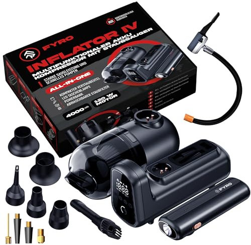 FYRO elektrische Luftpumpe, 4000 mAh, 10 Bar Kompressor für Fahrräder, Motorräder, Autos, Luftmatrazen, Bälle. Handstaubsauger mit verschiedenen Aufsätzen, Powerbank mit Taschenlampe
