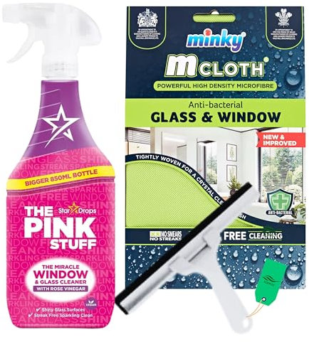 Window and Glass Cleaner Spray Bundle with Ferwizz Squeegee and Minky Glass Cloth and Pink Stuff Shower Glass Cleaner 850ml